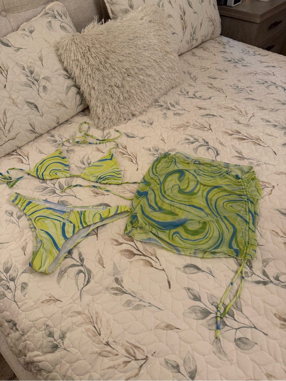 Green Swirl Bikini Set with Sheer Sarong